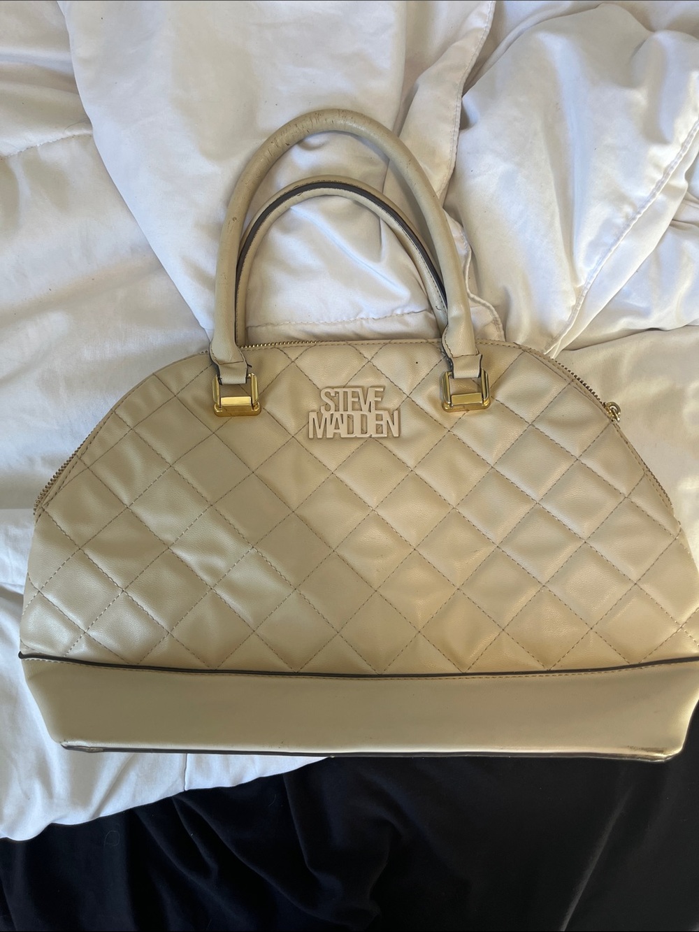 Steve Madden Quilted Cream Dome Satchel with Gold Hardware